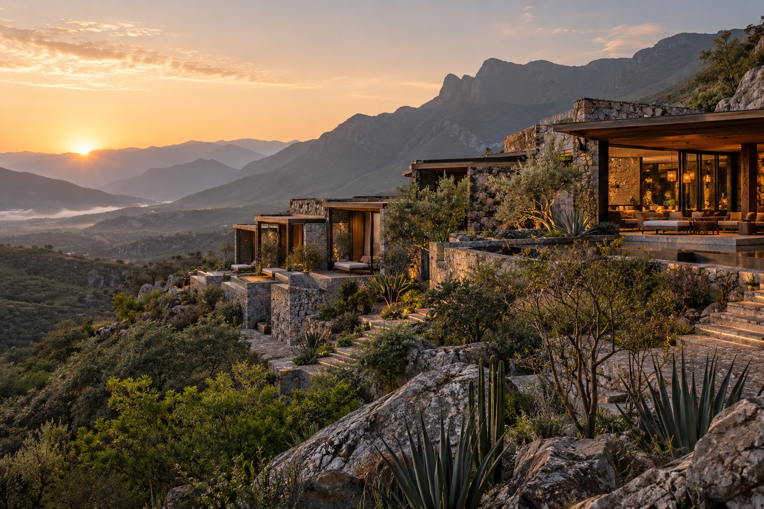 Hotel boutique entre montañas al atardecer